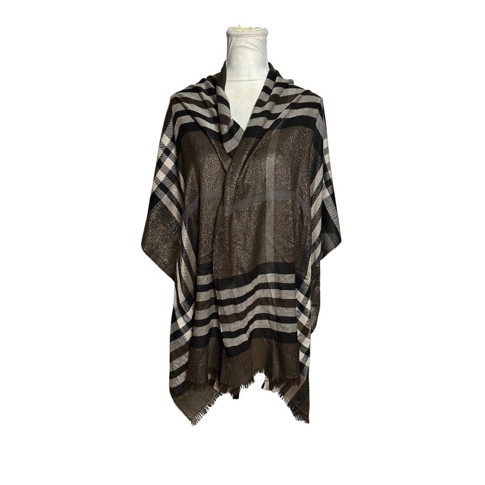V. Fraas Striped Fringe Scarf Shawl Wrap Made In Germany  Brown & Black 80 X 22